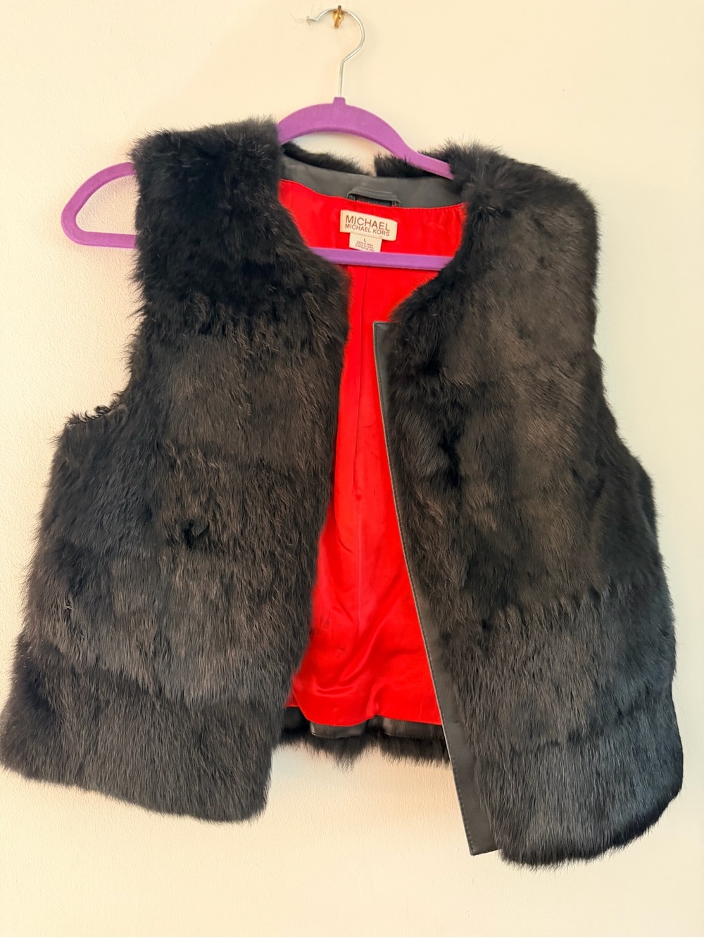 Michael Kors Real Black Fur Vest with Red Lining